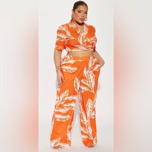 Orange Leaf Print Women's Pant Set